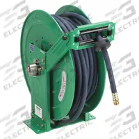 Spring Return Hose Reel: 100 ft (1/2 in I.D.), 1/2 in MNPT, 300 psi Max Op Pressure, Steel, Green (MPN 31XG66). Key specifications — Reel Color: Green; Hose Capacity: 100 ft (1/2 in I.D.); Overall Dimensions: 20-7/8 in L x 12-1/2 in W x 21-5/16 in H; Swivel Material: Steel; Hose End Configuration: 1/2 in MNPT; Brand: SPEEDAIRE.