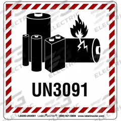 LABELMASTER DOT Container Label: Lithium Battery Handling Marking, 3 15/16 in x 3 15/16 in, 500 PK (MPN LB335-UN3091). Key specifications — Message: Lithium Battery Handling Marking; Background Color: Red; Brand: LABELMASTER.