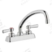 CHICAGO FAUCETS Low Arc Kitchen Faucet: W4D, Brass, Centerset, Deck, 2 Mounting Holes, 2 Handles (MPN W4D-L9E35-369AB). Key specifications — Series: W4D; Brand: CHICAGO FAUCETS.