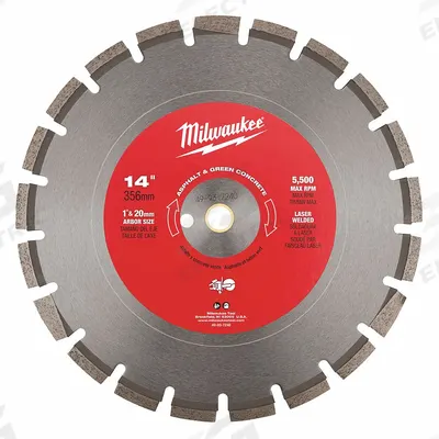 MILWAUKEE Diamond Saw Blade: Asphalt, 14 in Blade Dia., 1 in Arbor Size, Wet/Dry - Concrete & Asphalt-Cutting Blades