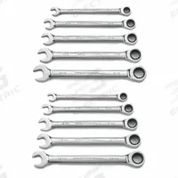 GEARWRENCH Combination Ratcheting Wrench Set: Alloy Steel, Full Polish Chrome, 10 Tools, Std, SAE (MPN 9418). Key specifications — attr309581: Full Polish Chrome; attr309580: Alloy Steel; attr309571: No; attr309583: No; attr309587: Yes; attr324931: GEARWRENCH.