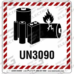 LABELMASTER DOT Container Label: Lithium Battery Handling Marking, 3 15/16 in x 3 15/16 in, 500 PK (MPN LB335-UN3090). Key specifications — Message: Lithium Battery Handling Marking; Background Color: Red; Brand: LABELMASTER.