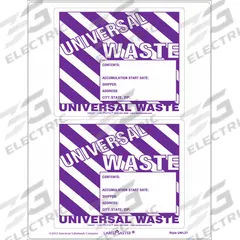 LABELMASTER Universal Waste Labels: Universal Waste Label, 6 in x 5 in, 6 in Label Wd, Label, 25 PK (MPN UWLZ7). Key specifications — Message: Universal Waste Label; Material: Adhesive Back; Brand: LABELMASTER.