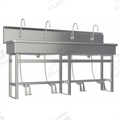 SANI-LAV Wash Station: 45 in Overall Ht, 77 in Bowl Lg, 8 in Bowl Dp, 2 gpm Flow Rate - Four-Station Freestanding Wash Stations with Faucets