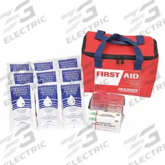 FIRST AID ONLY Survival Kit: 16 Components, Handbag, 1 People Served (MPN 54595). Key specifications — Rations Included: (9) Purified Water Packets; Housing Material: Fabric; Container Type: Handbag; PPE and Shelter Supplies Included: Aluminized Thermal Blanket; Brand: FIRST AID ONLY.