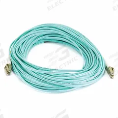 MONOPRICE Fiber Optic Patch Cord: Multi-Mode, 20 m Lg, LC End 1, LC End 2, Aqua, PVC, 2 Fiber Count (MPN 7623). Key specifications — Fire Rating: Riser; Jacket Material: PVC; Number of Fibers: Duplex; Brand: MONOPRICE; _Fiber Optic Cable Style: 50/125µ OM4.