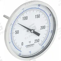 ASHCROFT Dial Thermometer: 0°F to 250°F /-20°C to 120°C, ±1% Accuracy, 4 in Stem Lg, 5 in Dial Dia (MPN 50EI60R). Key specifications — Accuracy: ±1 %; Brand: ASHCROFT.
