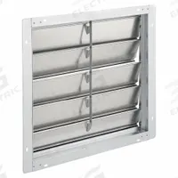 25"H-W 6"L Aluminum Backdraft Damper: For 20 in Fan, Single Panel, 25 in H, 25 in W, 2 1/4 in D (MPN 53DR20). Key specifications — Airflow Direction: Horizontal; Blade Type: Flat Blade; Brand: DAYTON; Maximum Air Velocity: 2000 fpm; Mounting Position: Vertical.