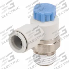 SMC Speed Control Valve: Elbow Fitting, Screw, 1/4 in/1/8 in Valve Body Size, 1/8 in Tube, Meter In (MPN AS2211F-01-06S). Key specifications — attr947203: Brass/PBT; attr947205: SMC.