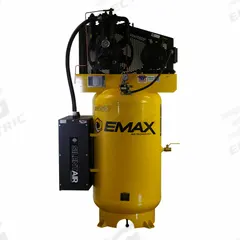 EMAX Electric Air Compressor: 5 hp, 2 Stage, Vertical, 80 gal, 19 cfm, 175 psi, 240V, Auto (MPN ESPR05V080I1). Key specifications — attr1395880: Auto; attr48430: EMAX; attr48448: Isolator Pads; attr48450: 240V; attr48474: Single; attr48487: Vertical; attr1396708: Radiator Aftercooler.
