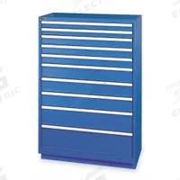 LISTA Modular Drawer Cabinet: 40 1/4 in x 22 1/2 in x 59 1/2 in, 10 Drawers, 159 Compartments, Steel (MPN HS13-1002A-FTKABB). Key specifications — Drawer Inside Height: (3) 5 in; Drawer Access: Single; Base Type: Frame; Number of Compartments per Drawer: (3) 18; Brand: LISTA; Cabinet Color: Bright Blue.