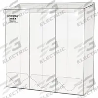 BOWMAN DISPENSERS Bulk Dispenser: 18 3/8 in Overall Wd, 5 3/4 in Overall Dp, 3 Compartments, Plastic (MPN BP-090). Key specifications — Material: Plastic; Color: Clear; Brand: BOWMAN DISPENSERS; Product Type: Bulk Dispenser; Compatible Dispensing Product: Shoe Covers.
