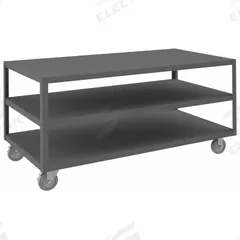 DURHAM MFG Work Table: Fixed Ht, Steel, 60 in x 30 in, 1,200 lb Overall Load Capacity (MPN HMT-3060-3-95). Key specifications — Unit Type: Not Expandable or Modular; Assembly: Fully Assembled; Wheel Material: Phenolic; Frame Material Finish: Powder Coated; Mobility: Casters; Height Adjustability: Fixed Height; Included Components: Vice Support Shelf; Frame Construction: Welded Only.