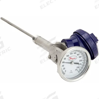 Dwyer Dial Thermometer With Process Output: 0°F to 250°F, +/- 1% Accuracy, 4 in Stem Lg - Thread-Mount Transmitting Dial Thermometers