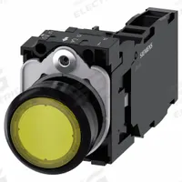 SIEMENS Illuminated Push Button: Illuminated, Flush Profile, Non-Metallic, 22 mm, 1NO/1NC (MPN 3SU1102-0AB30-1FA0). Key specifications — Brand: SIEMENS; Action: Momentary; Series: 3SU; Push Button Material Type: Non-Metallic.