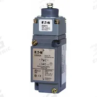 EATON Plunger Limit Switch: Plunger Actuator, Momentary/Momentary, Metallic, 8 ozf Op Force - Min (MPN E50BT2). Key specifications — Manufacturer Part Number: E50BT2; Brand: EATON; Electrical Connection: Screw Terminals; Action: Momentary/Momentary; Series: E50; Body Material Type: Metallic; Actuator Type: Plunger.
