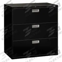HON Lateral File Cabinet with Drawer: Black, 3 Drawers, 39 1/8 in Overall Ht, 18 in Overall Dp (MPN H693.L.P). Key specifications — attr988670: Unfinished; attr988694: Steel; attr988716: Lateral File Cabinet with Drawer; attr988691: Integrated; attr988652: HON; attr988656: Black; attr988720: Handle.