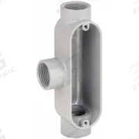 Conduit Outlet Body: Aluminum, 1/2 in Trade Size, T Body, 4.3 cu in Body Capacity, Threaded Hub (MPN T050). Key specifications — Finish: Powder Coated; For Use With: RMC; Brand: RACO; Hub Style: Threaded.