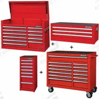 WESTWARD Rolling Cabinet Kit: 34 Drawers, Heavy Duty, Keyed, 57 1/2 in W x 19 in D x 82 3/4 in H (MPN 361LP3). Key specifications — attr1116680: Red; attr1116684: Ball Bearing; attr1116690: WESTWARD; attr1116659: Keyed; attr1116661: Top Chest 41-1/2 in W x 18-5/8 in D x 26-7/8 in H.