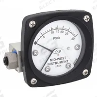 MIDWEST INSTRUMENT Differential Pressure Gauge: Back, 1/4 in NPT Female, ±3-2-3% Gauge Accuracy, 120 (MPN 120-AA-00-OO-30P). Key specifications — Sensor Type: Piston; Series: 120; Housing Material: Aluminum; Certificate of Calibration: Not Included; Gauge Accuracy: ±3-2-3%.