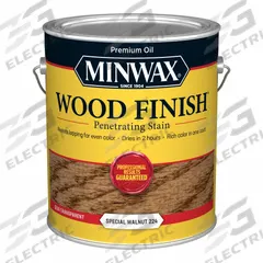 MINWAX Wood Stain: Wood Stain, Interior, Oil, 1 gal Container Size, Wood, Special Walnut, Minwax (MPN 710760000). Key specifications — Brand: MINWAX; Transparency: Semi-Transparent; Use Location: Interior; Sub-Brand: Minwax; Color: Special Walnut.