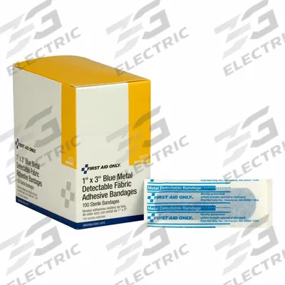 FIRST AID ONLY Adhesive Bandage: Strip Bandages, 1 in Wd, 3 in Lg, Metal Detectable, Fabric - Metal Detectable Strip Bandages