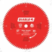 DIABLO Circular Saw Blade: 14 in Blade Dia., 84 Teeth, 0.12 in Cut Wd, 1 in Arbor Size, Finishing (MPN D1484X). Key specifications — attr1116119: DIABLO; attr1145631: Plywood.