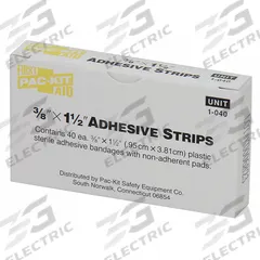 FIRST AID ONLY Adhesive Bandage: Strip Bandages, 3/8 in Wd, 1 1/2 in Lg, Not Metal Detectable, Strip (MPN 1-040). Key specifications — Product Type: Strip Bandages; Unitized: Unitized; Water Resistance: Water Resistant; Brand: FIRST AID ONLY; Latex Content: Latex Free; Metal Detectable: Not Metal Detectable; Package Type: Box; Manufacturer Part Number: 1-040.