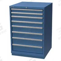 LISTA Modular Drawer Cabinet: 28 1/4 in x 28 1/2 in x 41 3/4 in, 8 Drawers, 148 Compartments, Steel (MPN SC09-0807A-FTKABB). Key specifications — Drawer Inside Height: (2) 5 in; Drawer Access: Single; Base Type: Frame; Number of Compartments per Drawer: (2) 20; Brand: LISTA; Cabinet Color: Bright Blue.