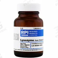 RPI Lysozyme from Chicken Egg White: 5 g Volume, Powder, Glass (MPN L38100-5.0). Key specifications — Form: Powder; Brand: RPI; Chemical Grade: Lab; Container Material: Glass.