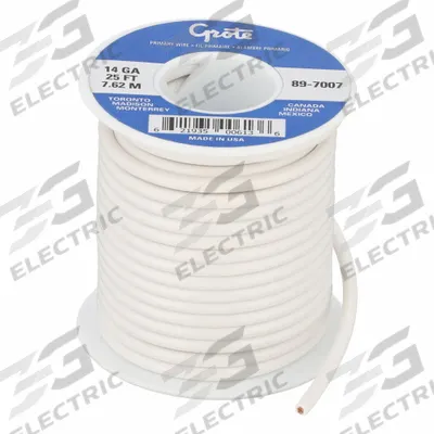 GROTE Primary Automotive Wire: GPT, 25 ft, 1 Conductor, 14 AWG, White - PVC-Insulated General Purpose Primary Wires