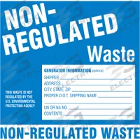BRADY DOT Handling Label: 6 in x 6 in, 6 in Label Wd, 6 in Label Ht, Paper, Label, White, 100 PK (MPN 60446). Key specifications — Message: This Waste is Not Regulated By The U.S Environmental Protection Agency; Optional Information; Background Color: White; Brand: BRADY.