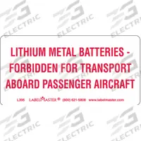 LABELMASTER DOT Handling Label: 4 in x 2 in, 4 in Label Wd, 2 in Label Ht, Paper, Label, 500 PK (MPN L395). Key specifications — Message: Lithium Batteries-Forbidden For Transport Aboard Aircraft and Vessel; Brand: LABELMASTER.