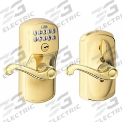 SCHLAGE RESIDENTIAL Electronic Keyless Lock: Keypad, Brass (MPN FE595 PLY505FLA). Key specifications — Product Type: Electronic Keyless Lock; Manufacturer Part Number: FE595 PLY505FLA; Access Method: Keypad; Key Override Options: 5 Pin Tumbler C Keyway.