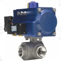 DYNAQUIP CONTROLS Pneumatically Actuated Three-Way Ball Valve: 1 in, Stainless Steel, Double-Acting (MPN PYSA5AJDA075A). Key specifications — Brand: DYNAQUIP CONTROLS; Included Pilot Solenoid: 115V AC Pilot Solenoid; Pilot Solenoid Voltage: 115V AC.