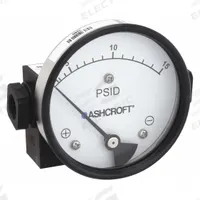 ASHCROFT Differential Pressure Gauge: In-Line, 1/4 in NPT Female, 1130, 3 1/2 in Dial, Aluminum (MPN 351130FD25SXCYLM15PSID). Key specifications — Sensor Type: Diaphragm; Series: 1130; Housing Material: Aluminum; Certificate of Calibration: Not Included.
