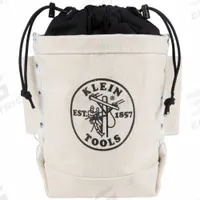 KLEIN TOOLS Bucket Bag: 10 in W x 9 in H x 5 in L, Off-White, Canvas, 2 Pockets, Drawstring (MPN 5416TC). Key specifications — attr1118525: KLEIN TOOLS; attr1118517: Loops on Each Side to Hold Standard Bull-Pins; attr1125037: Off-White; attr1125041: Canvas; attr1203718: Yes.