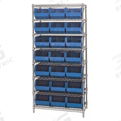 QUANTUM STORAGE SYSTEMS Bin Shelving: 36 in x 18 in x 74 in, 1 Sided, 21 Bins, Open, Blue - Wire Stationary Bin Shelving with Open-Front Bins