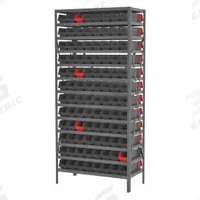 AKRO-MILS Bin Shelving: 36 in x 18 in x 79 in, 1 Sided, 96 Bins, Open, Indicator Bin, Black/Red (MPN AS187936448BK). Key specifications — Includes Bins: Yes; Bin Material: Polymer; Frame Color: Gray; Bin HxWxD: (96) 4 in x 4-1/8 in x 17-7/8 in; Frame Material: Steel; Bin Color: Black; Red; Brand: AKRO-MILS.