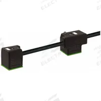 MURRELEKTRONIK Cordset: (2) DIN Form A Female Right Angle x Bare Wire, 5 m Cable Lg, PUR, Black (MPN 7000-58041-6370500). Key specifications — Wire Size: 18 AWG; Brand: MURRELEKTRONIK; Cable Jacket Color: Black; IP Rating: IP67; DIN Connector Spacing: 200 mm.