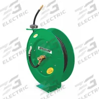 Spring Return Hose Reel: 100 ft (3/8 in I.D.), 3/8 in MNPT, 300 psi Max Op Pressure, Brass, Green (MPN 2CUB6). Key specifications — Reel Color: Green; Hose Capacity: 100 ft (3/8 in I.D.); Overall Dimensions: 26-3/16 in L x 12 in W x 27 in H; Swivel Material: Brass; Hose End Configuration: 3/8 in MNPT; Brand: SPEEDAIRE.
