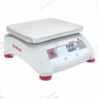 OHAUS Food Scale: 9 5/8 in Weighing Surface Dp, 7 1/2 in Weighing Surface Wd, 4 3/4 in Overall Ht (MPN V12P30 AM). Key specifications — Connection Ports: RS-232; Readability: 0.01 lb/5 g; Brand: OHAUS; IP Rating: Not IP Rated.
