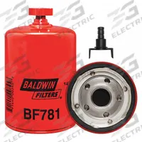 BALDWIN FILTERS Fuel Filter: Spin-On, 3 11/16 in Outside Dia, 1-12 Thread Size, Diesel Fuel, Diesel (MPN BF781). Key specifications — attr1137520: BF781; attr434022: BALDWIN FILTERS; attr427730: Cellulose; attr427731: Drain Hose Adapter; attr1017112: Light Duty Trucks; attr1017113: Detroit.