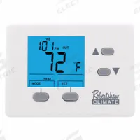 ROBERTSHAW Digital Wall Thermostat: Heat and Cool, Manual, B/G/O/O/B/R/W/Terminal Designations (MPN RS1110). Key specifications — Application: Heat and Cool; Stages: 1H/1C; Programming Capability: 5-2 Day; Shape: Square; Terminal Designations: O; Temperature Control Range: 40° to 90°F; Changeover Type: Manual; Brand: ROBERTSHAW.