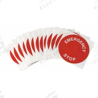 Legend Plate Label: 22 mm Panel Mounting Size, Round, 3 1/2 in Overall Dia, For Series R4400/R6000 (MPN THTEP-248-593RD). Key specifications — Brand: BRADY; Manufacturer Part Number: THTEP-248-593RD; Compatible with Series: R6000; Background Color: Red; Language: English; Legend: Emergency Stop; Legend Color: White; Material: Polyester.