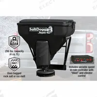 SALTDOGG Tailgate Spreader: Vehicle Battery-Powered, Compatible With: Truck, Broadcast, Poly Hopper (MPN TGS02). Key specifications — attr1033995: Bagged Salt; attr1033997: Stainless Steel; attr1033998: Poly; attr1034001: Receiver; attr1034002: Vehicle Battery-Powered; attr1034003: Tailgate Spreader; attr1040777: Truck; attr1033988: SALTDOGG.