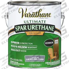 VARATHANE Finish: Finish, Exterior, Oil, 1 gal Container Size, Wood, Semi-Gloss, Clear, Clear (MPN 9432). Key specifications — Brand: VARATHANE; Transparency: Clear; Use Location: Exterior; Sheen: Semi-Gloss; Sub-Brand: Spar Urethane; Color: Clear.