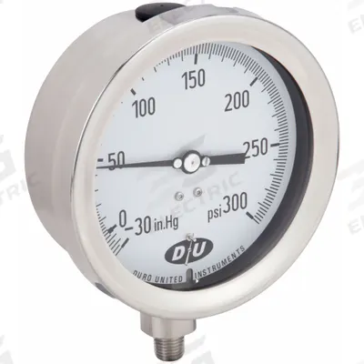 DURO Industrial Compound Gauge: 0 psi to 300 psi, White, 4 1/2 in Dial, 1/4 in NPT Male - All-Stainless Steel Wetted Parts & Casing