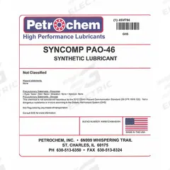 PETROCHEM Compressor Oil: 5 gal, Pail, 15 SAE Grade, 46 ISO Viscosity Grade, 134 Viscosity Index (MPN SYNCOMP PAO-46-005). Key specifications — attr59744: 134; attr59746: 46; attr59736: No; attr59735: Pail; attr59738: Syncomp PAO-46; attr59749: 15.