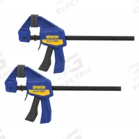 IRWIN Bar Clamp: Flat, 6 in Max Jaw Opening, 2 1/2 in Throat Dp, 140 lb Clamping Force, One Handed (MPN 1964743). Key specifications — attr663922: IRWIN.